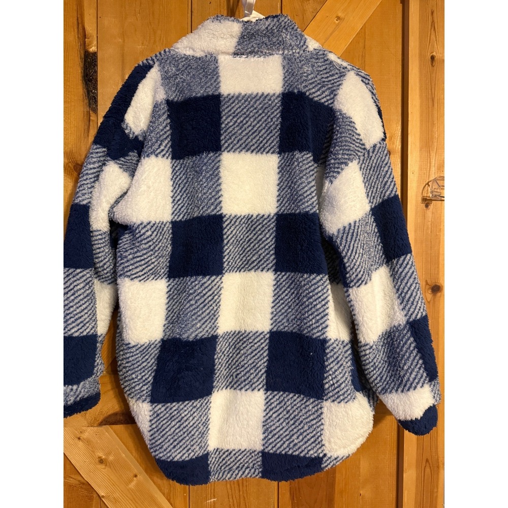 Womens Plaid Sherpa Fleece Shacket Jacket Oversized Blue White XL - Picture 4 of 7